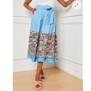 Talbot's Poplin Fit Flare Skirt Scenic Riviera Sash Belt Midi Beach Print 4 NWT